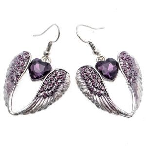 Silver with Purple Amethyst Crystal Angel Wing with Heart Dangling Hook Earrings